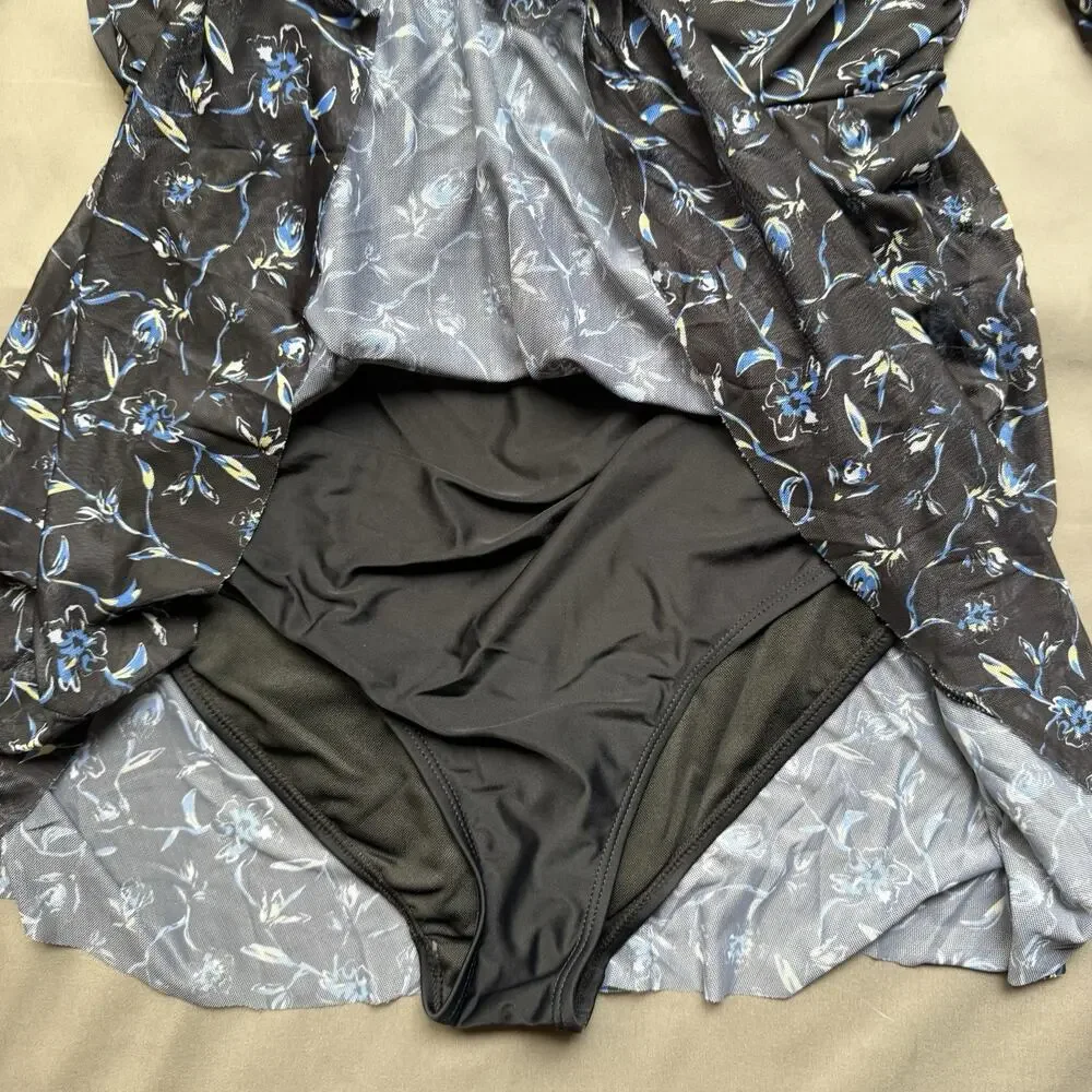 Bloomchic Swim Dress Womens 10 Black Blue Cover Up One Piece Swimsuit Floral